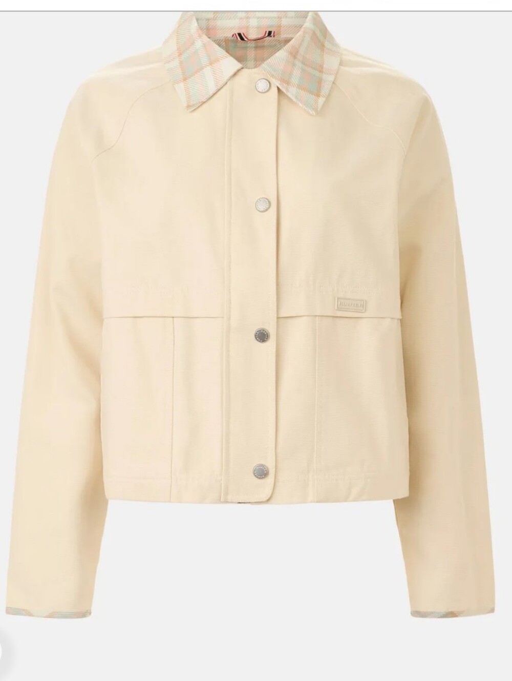 Hunter Cream Cropped Utility Field Jacket Plaid Collar Pockets Size Large NWT